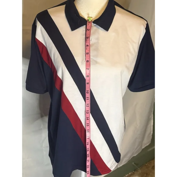 SHEIN Men’s Diagonal Stripe Colorblock Polo Shirt Navy White Red Size M Medium - Picture 3 of 5
